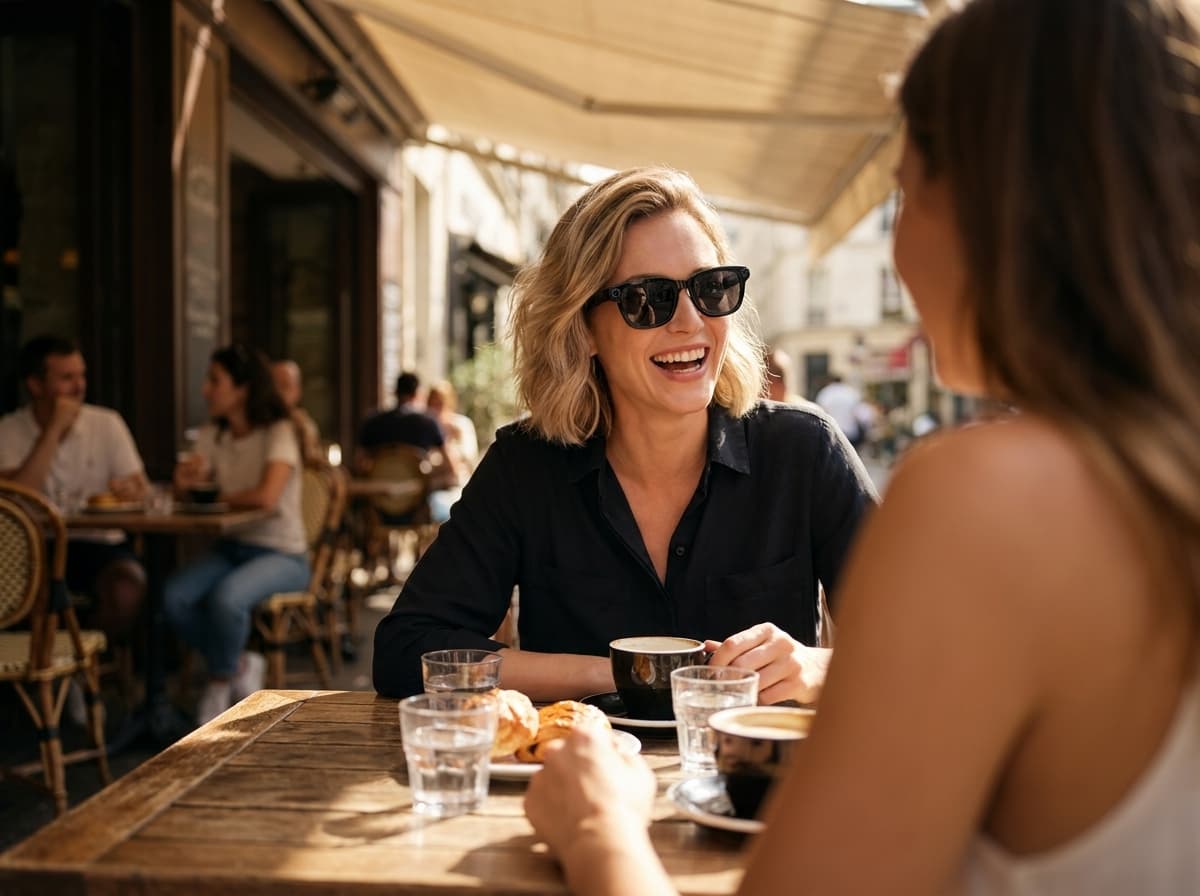 A person wearing OXIVUE M08 AI smart glasses in a café