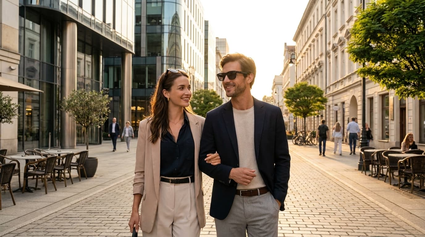 A couple walking a sunny city street wearing OXIVUE AI eyewear