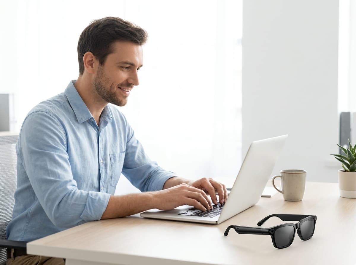 A friendly OXIVUE team member replying to customer messages at a laptop