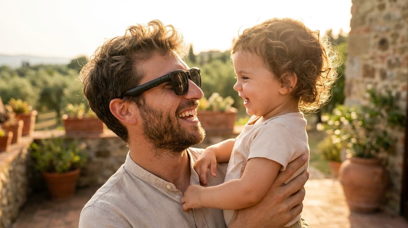 An Italian father at golden hour, fully present, laughing with his toddler in his arms