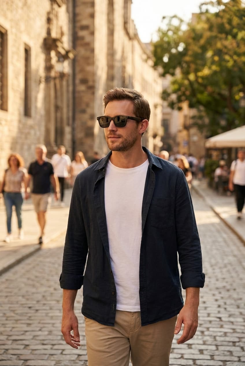 A man wearing OXIVUE M08 camera glasses outdoors on a sunny day